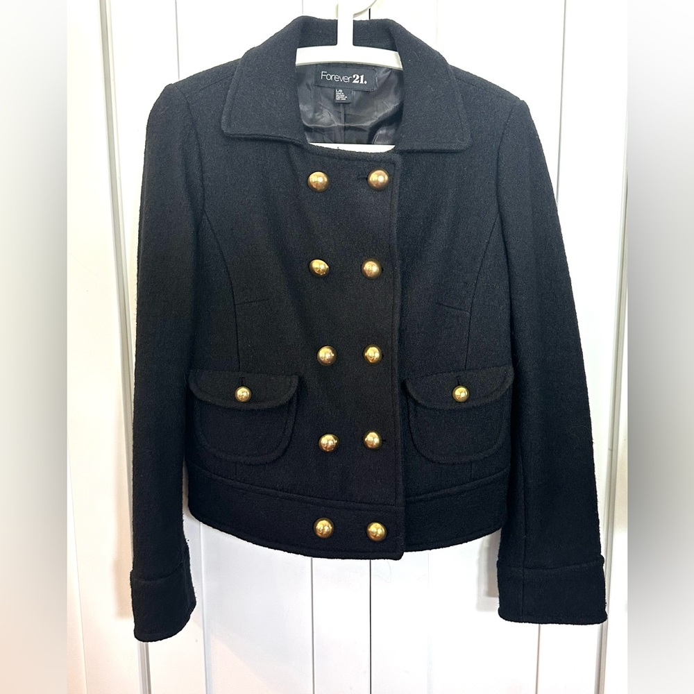 Forever 21 Black Wool Pea Coat with Gold Buttons 40% wool